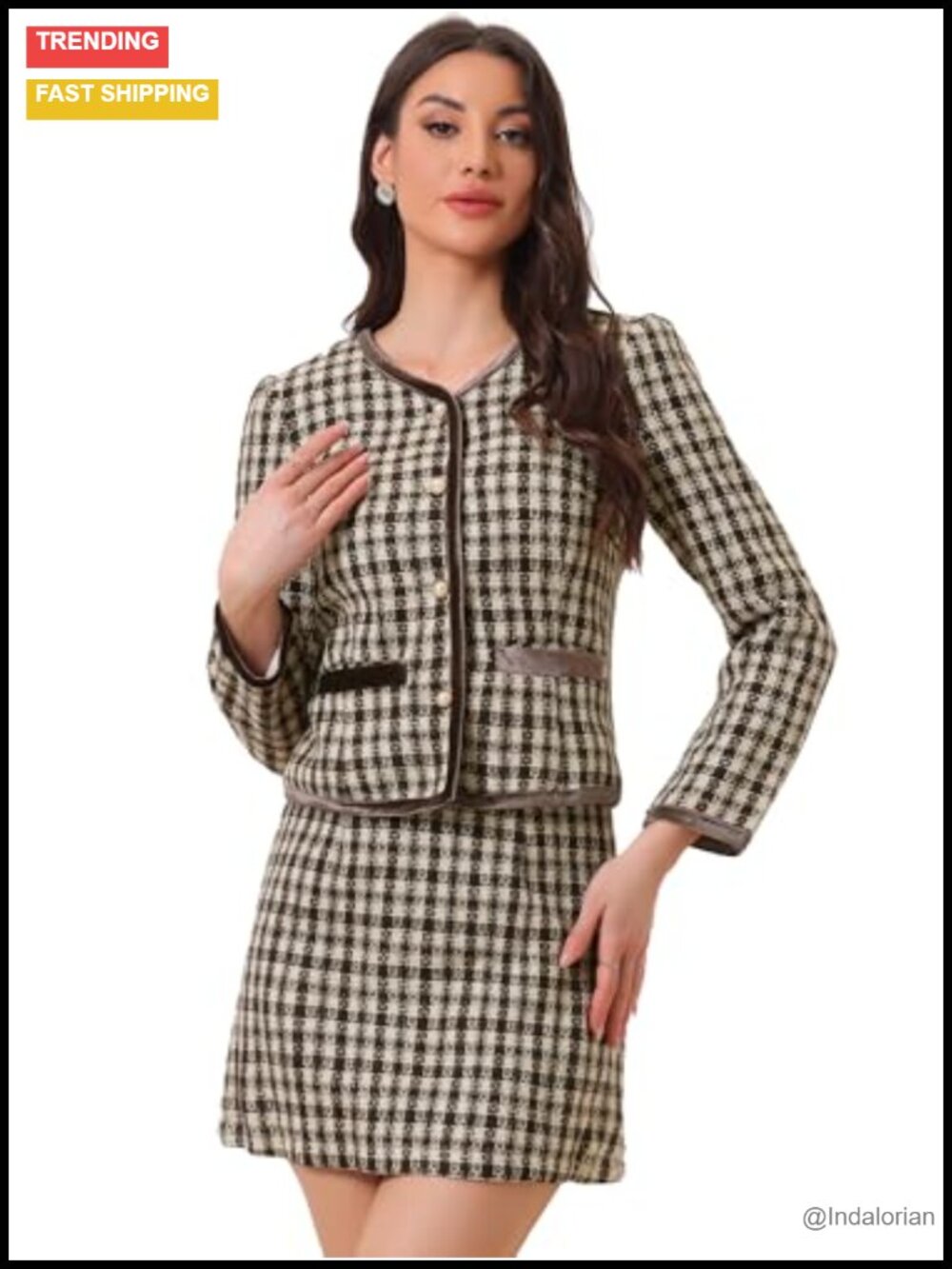 Women's 2-Piece Tweed Suit Set with Plaid Crop Blazer & Mini Skirt